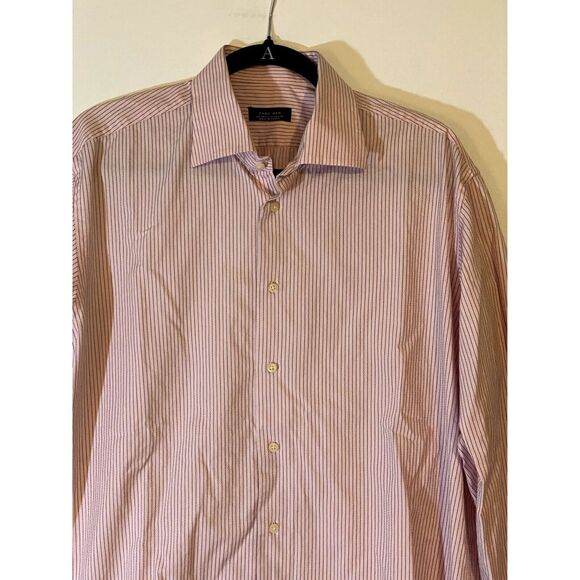 Zara Man US 17 Dress Shirt Mens Button Down Long Sleeve Collar Pink Red Stripe - Picture 4 of 13